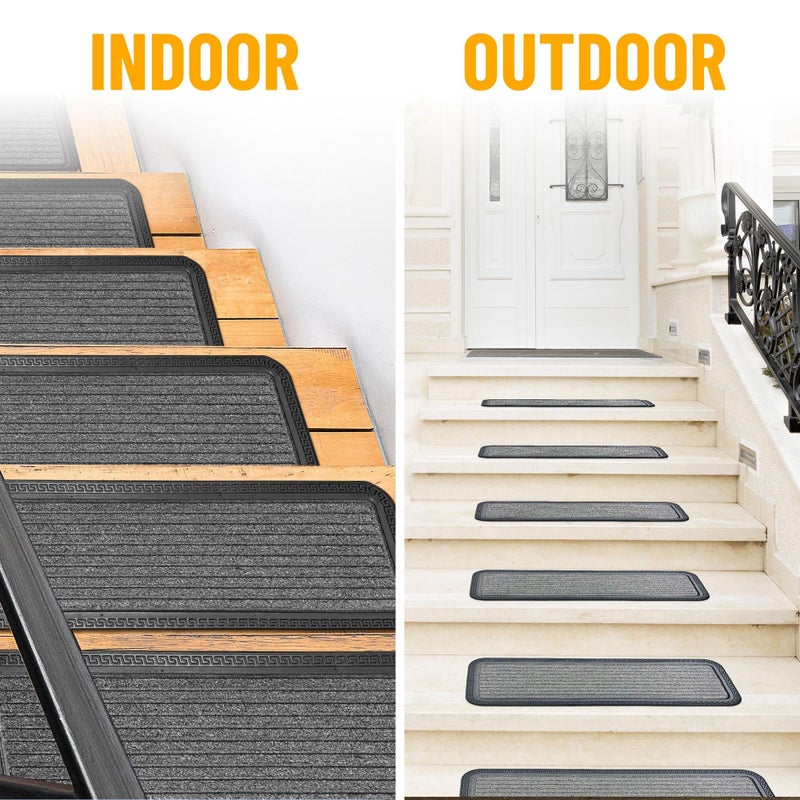 Ottomanson Indoor/Outdoor Hose-Wash Striped Design Non-Slip Rubber 10" x 30" Modern Stair Treads for Stairs, Garage, Patio, 5 Pack, Gray - Image 4